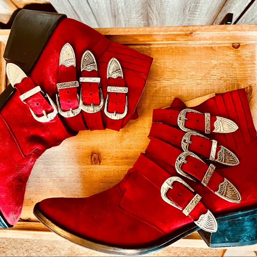 TOGA PULLA Red Suede Western Goth Buckle Ankle Boots 10
